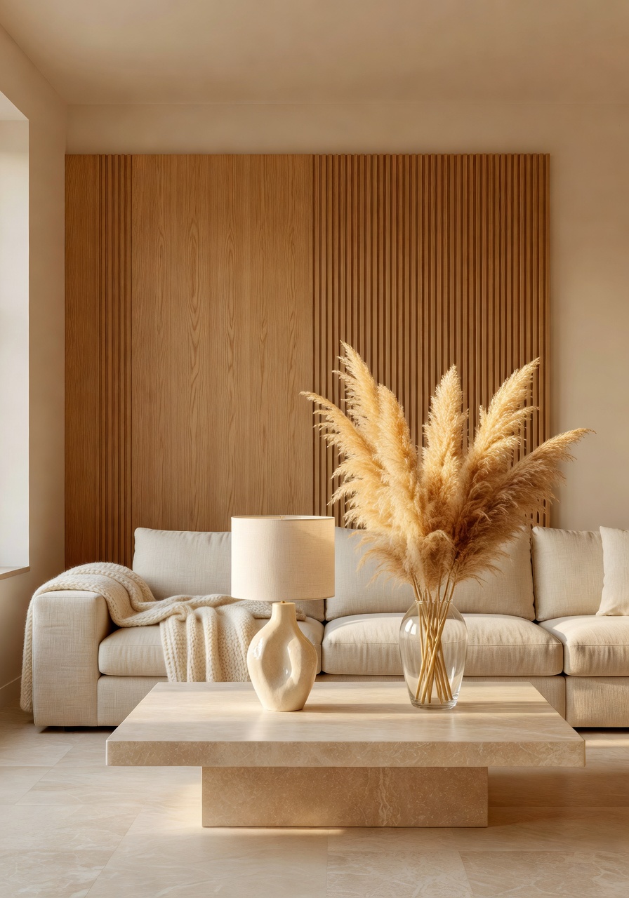 Inspirasi reka bentuk dalaman AI — ruang tamu gaya moden dengan panel oak dan sofa linen