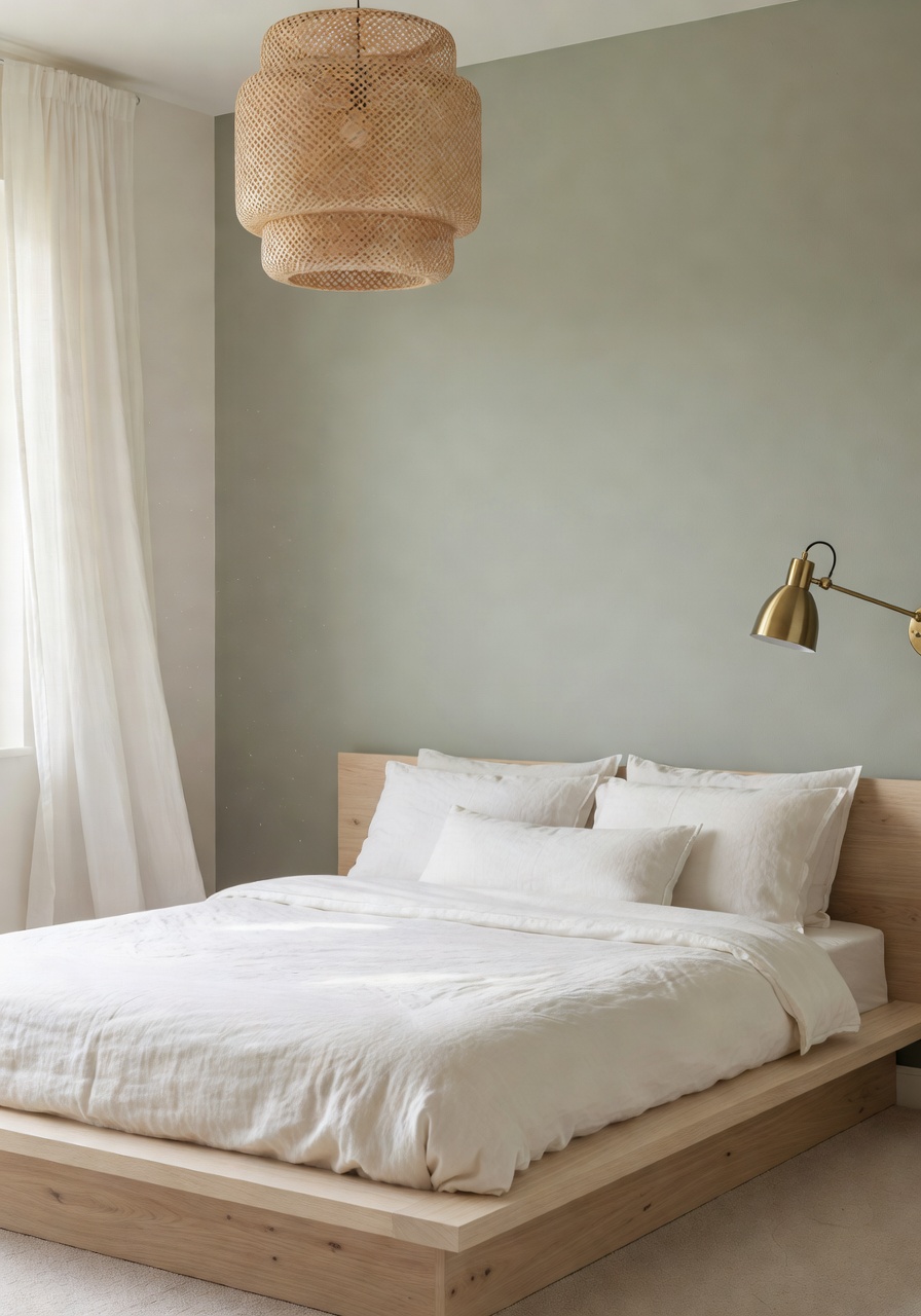 Reka bentuk bilik tidur AI dari gambar — katil oak, dinding sage, dan pencahayaan lembut