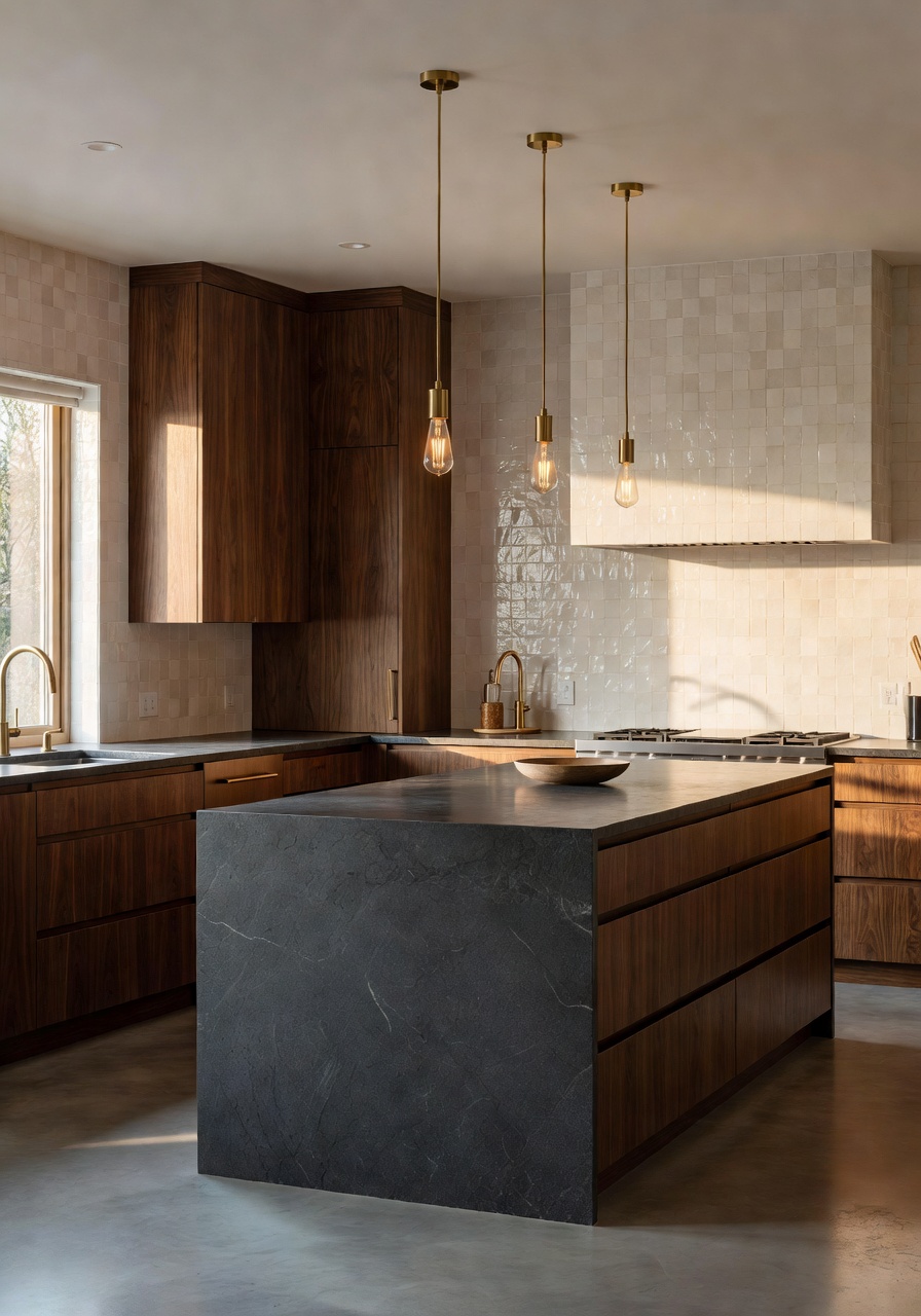 AI Room Makeover — transformasi dapur dengan kabinet walnut dan backsplash zellige