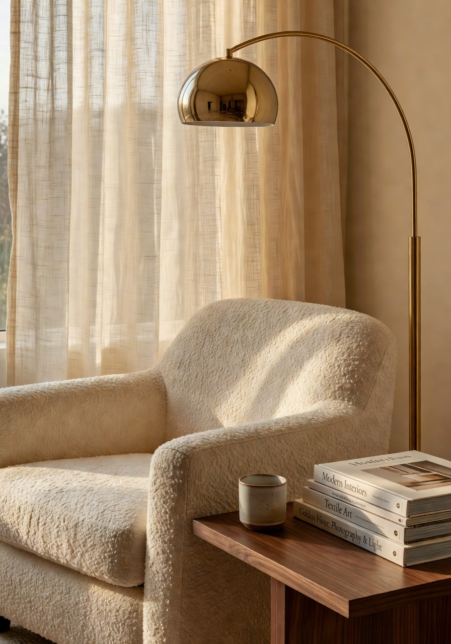 AI Home Design — ruang baca dengan kerusi boucle dan lampu kayu walnut