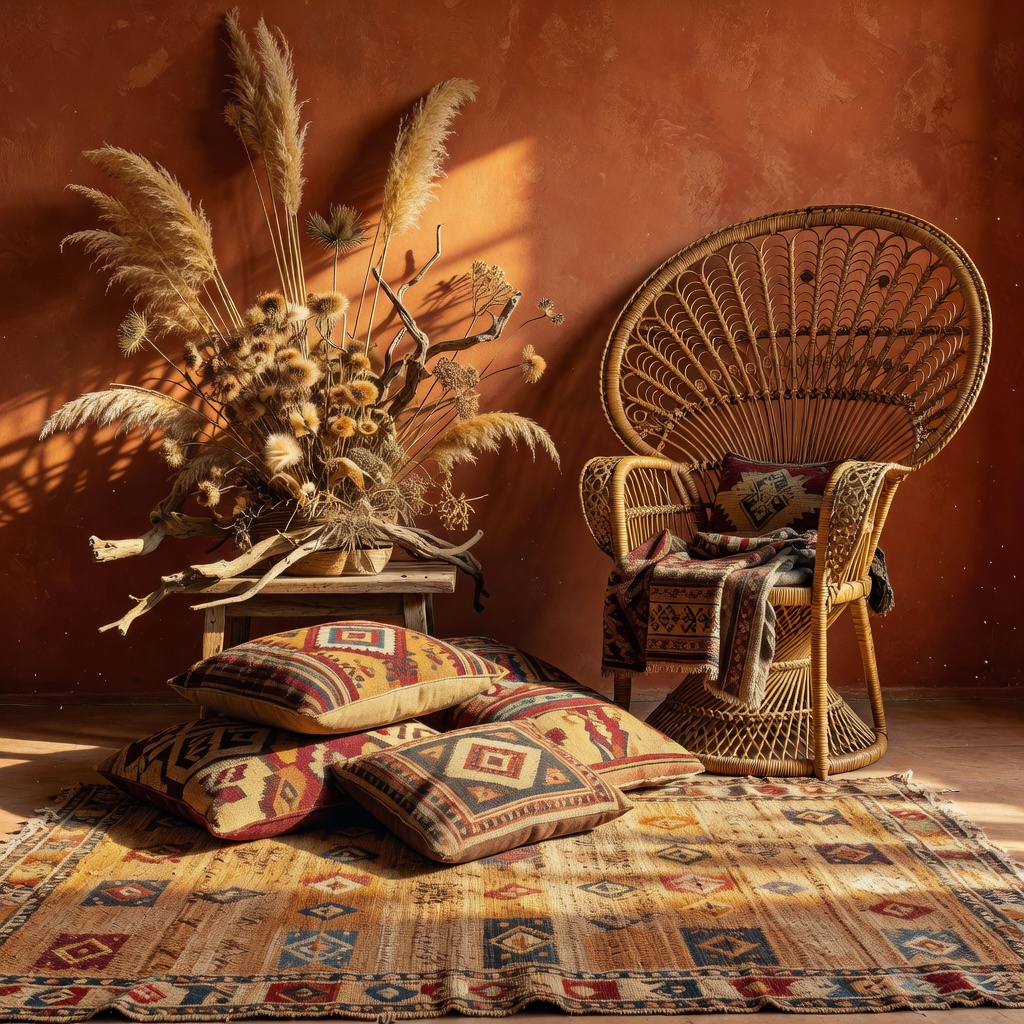 Gaya boho AI — kilim bersulam tangan dan rotan peacock