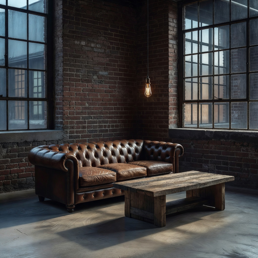 Gaya industrial AI — tingkap steel sash dan kulit aged