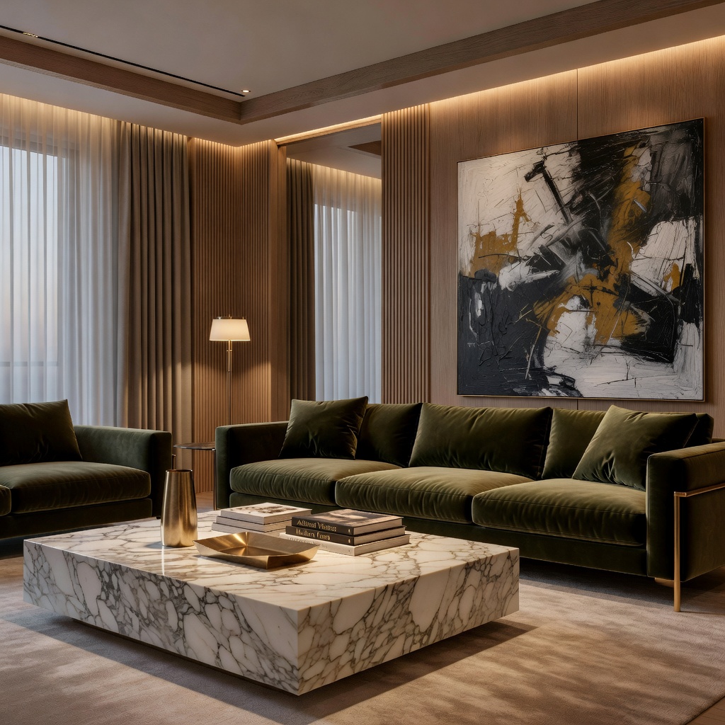 Gaya mewah kontemporari AI — marmar Calacatta dan velvet olive