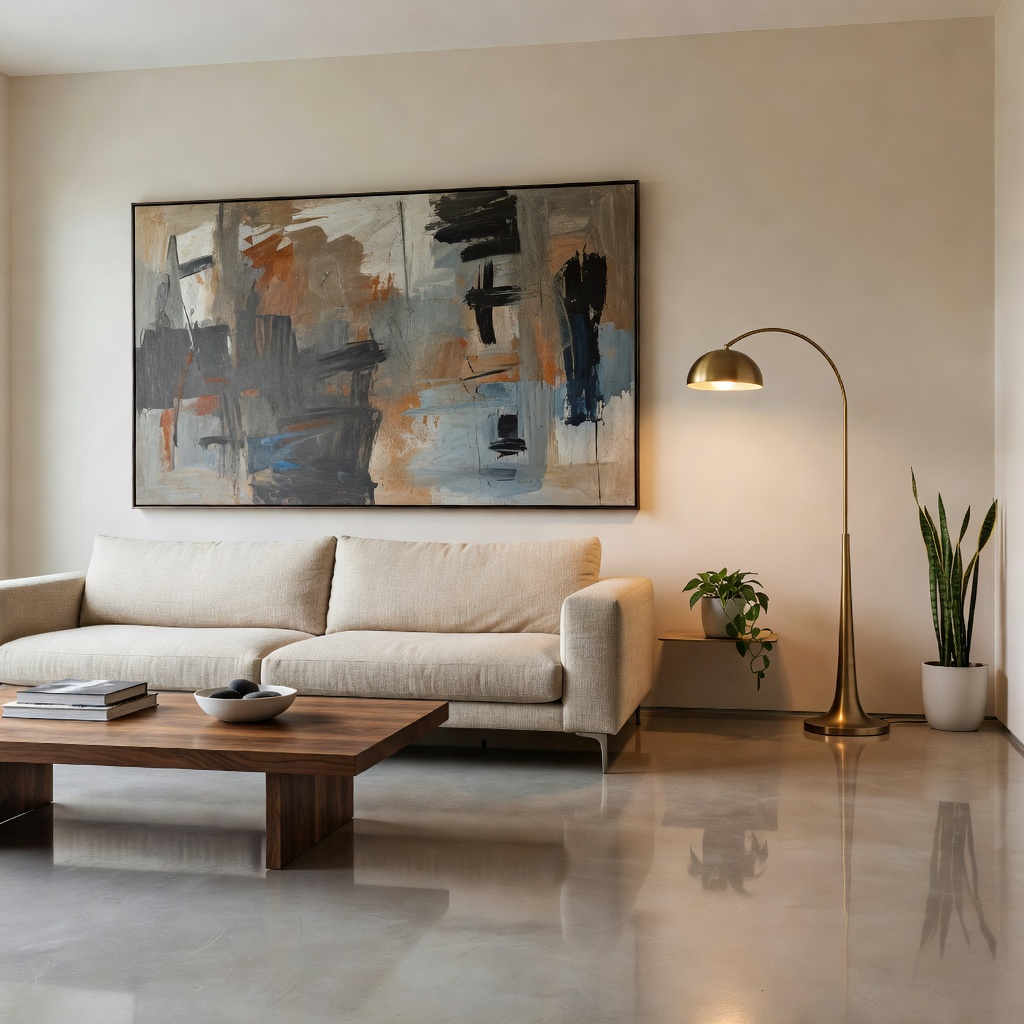 Gaya reka bentuk dalaman moden AI — sofa linen oat dan meja walnut