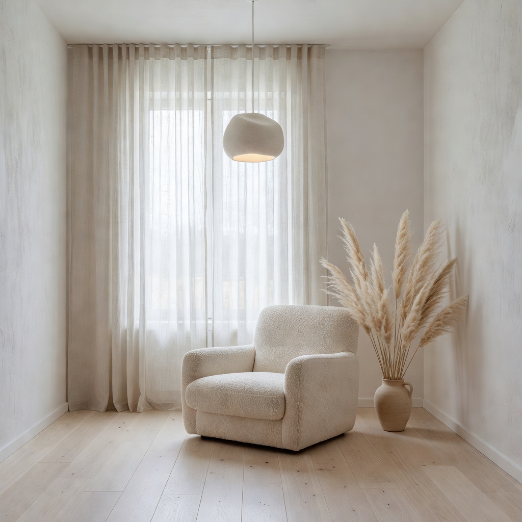 Gaya Scandinavian AI — oak pucat dan dinding chalky white