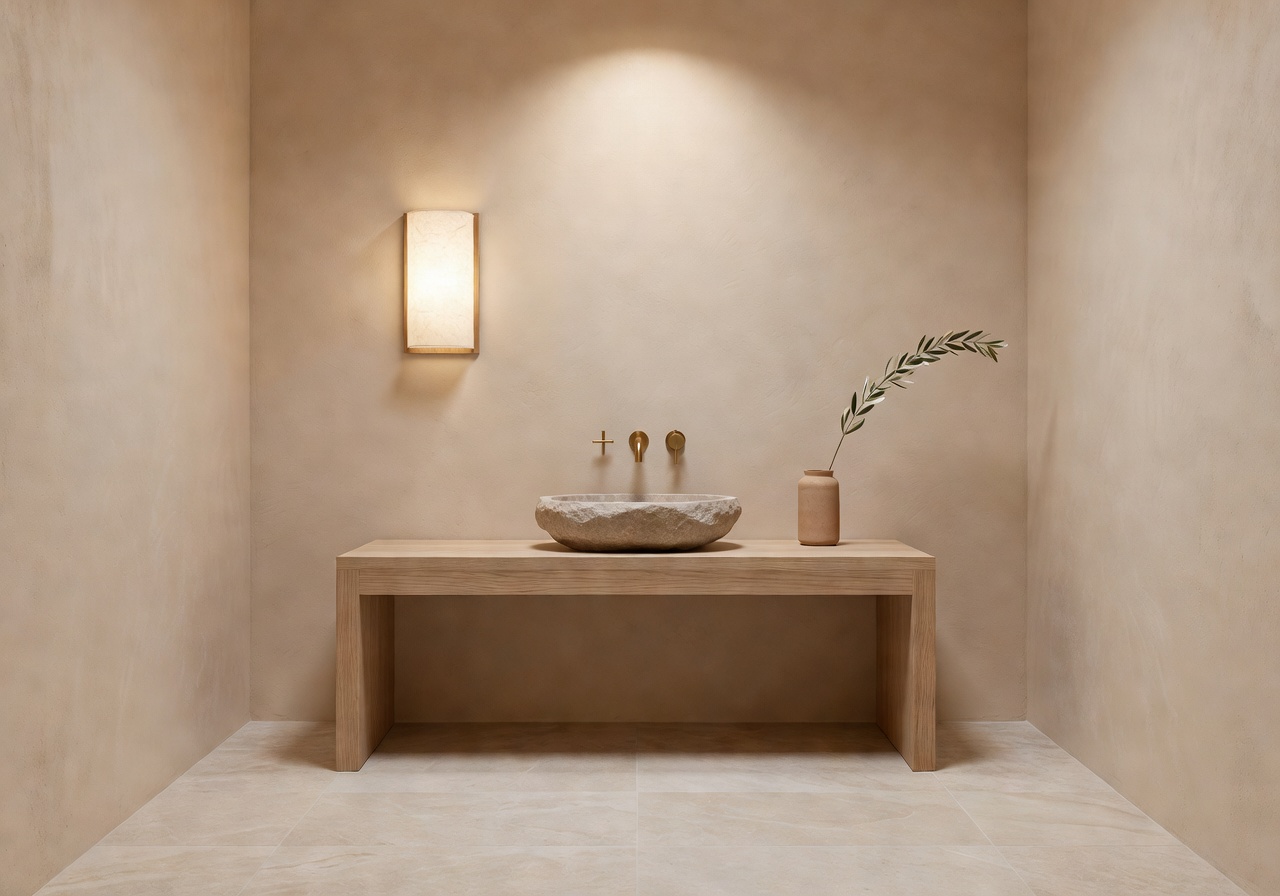 Reka bentuk bilik air AI DecorAI gaya Japandi spa selepas transformasi