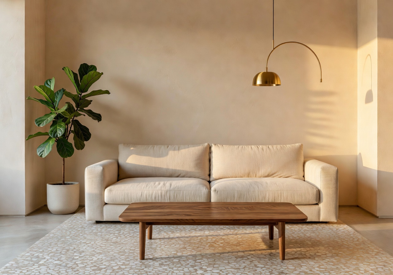 Reka bentuk ruang tamu AI DecorAI selepas transformasi moden minimalis