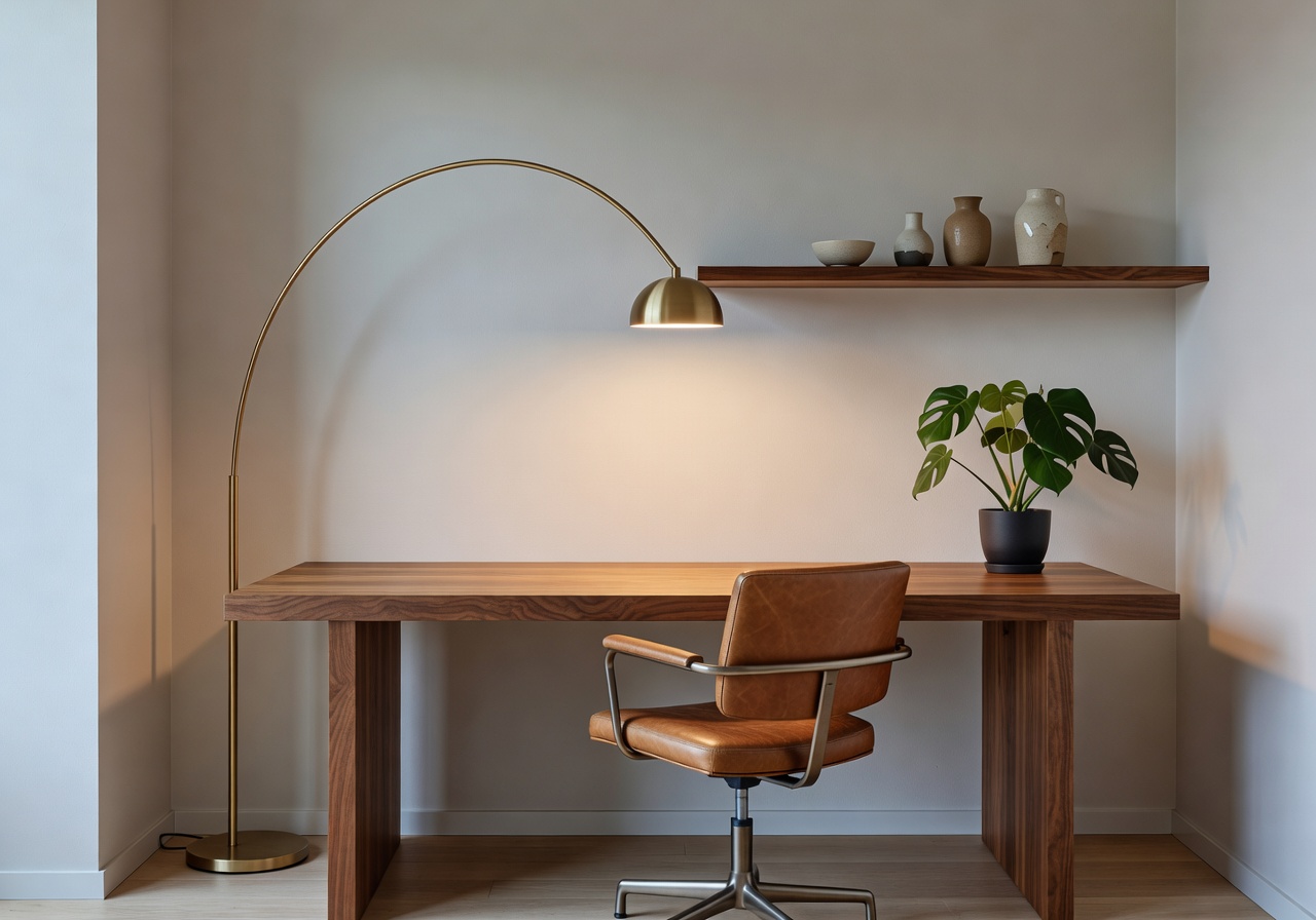 Reka bentuk home office AI dengan walnut dan kulit tan